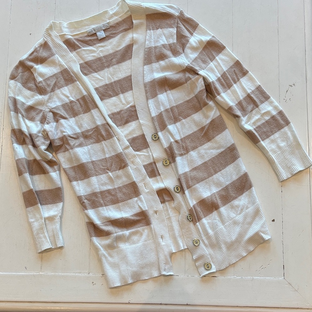New York & Company Striped Button-Front Cardigan - Cream & Tan